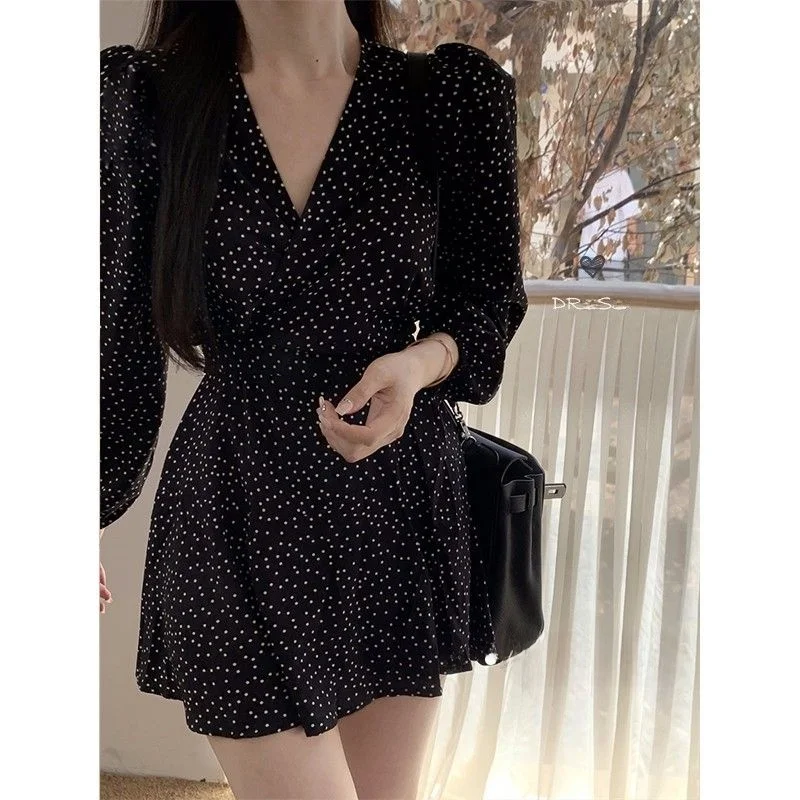 Black Polka Dot Floral Long Sleeve Dress Women's Autumn 2026 New Tea Break Hepburn Style Citywalk Fashion Ladies' Dress