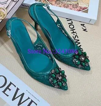 

Sexy Lace Crystal Decor Lady Sandals Fashion 6/9cm Stiletto Heel Woman Wedding Shoes Female New Slingback Pumps Party High Heels