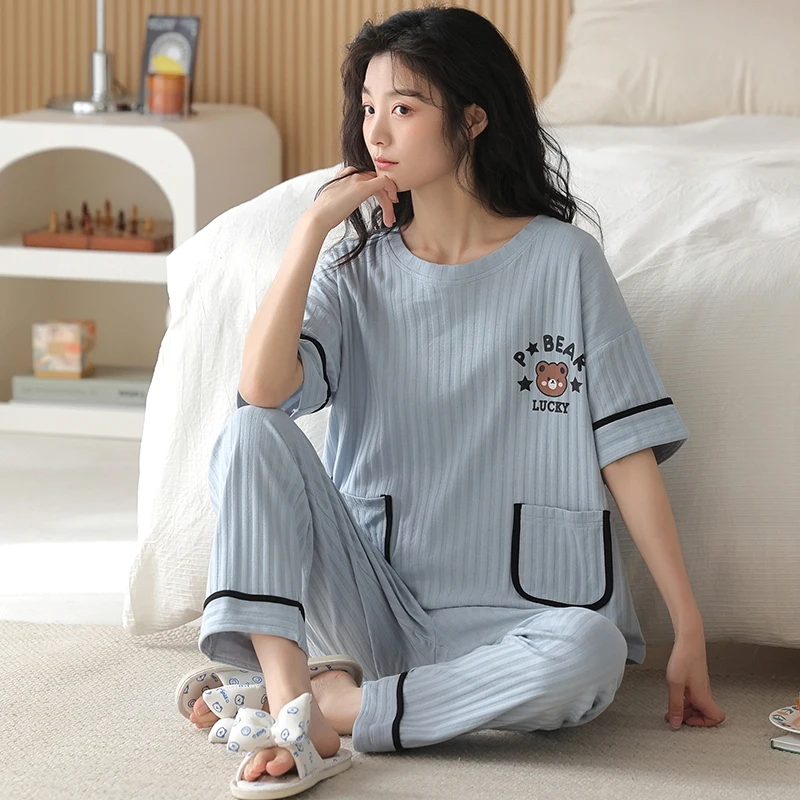 Big 5XL Pajama Sets Short Sleeved Cartoon Bear Dots Knitted Cotton Sleepwear Elegant Women\'s Pajamas Lounge Home Pijama Mujer