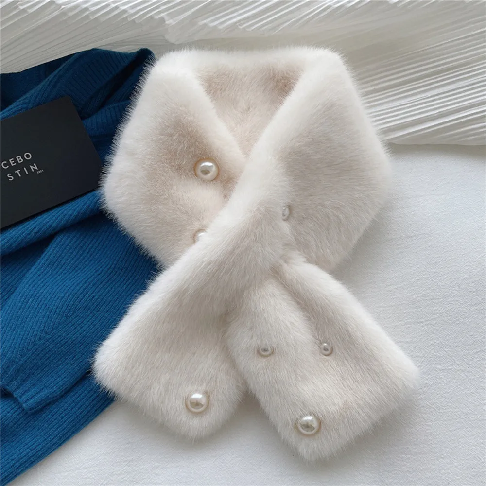 HOT Women Winter Faux Fur Scarf Solid Color Soft Fluffy Scarves Elegant Pearl Cross Neck Guard Cold Resistant Women Neck Warmer