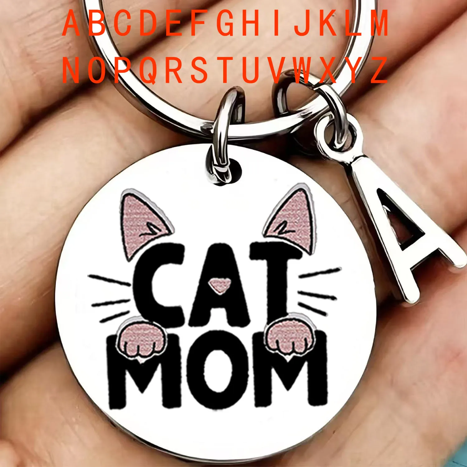 سلسلة مفاتيح من الفولاذ المقاوم للصدأ على شكل قطة أمي - حلقة مفاتيح للسيدات ذات طابع كرتوني مستدير مع مشبك حلقي، مثالية لعيد الأم #1