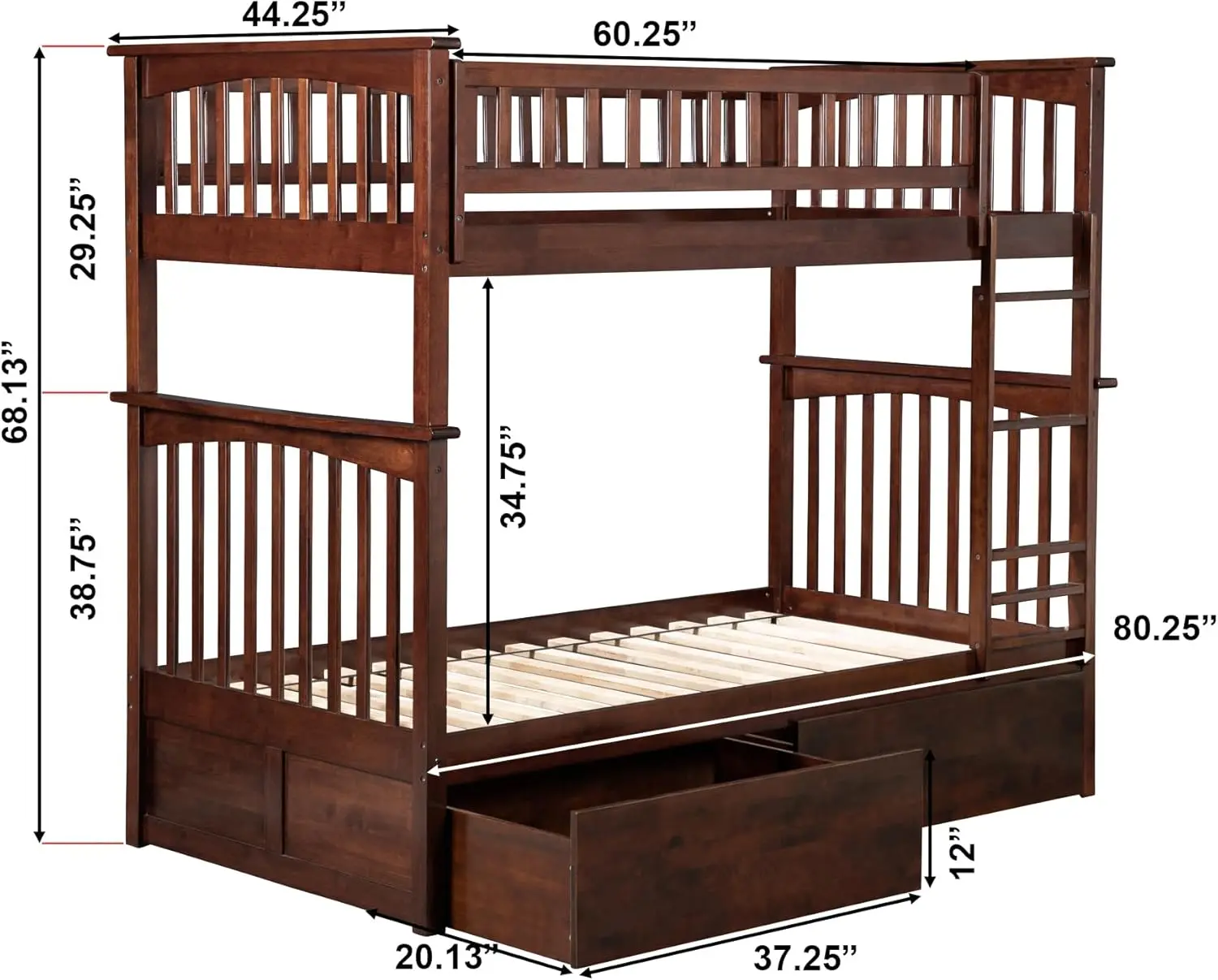 Columbia Twin Over Twin Size Stapelbed Met Bedladen En Laadstation In Walnoot