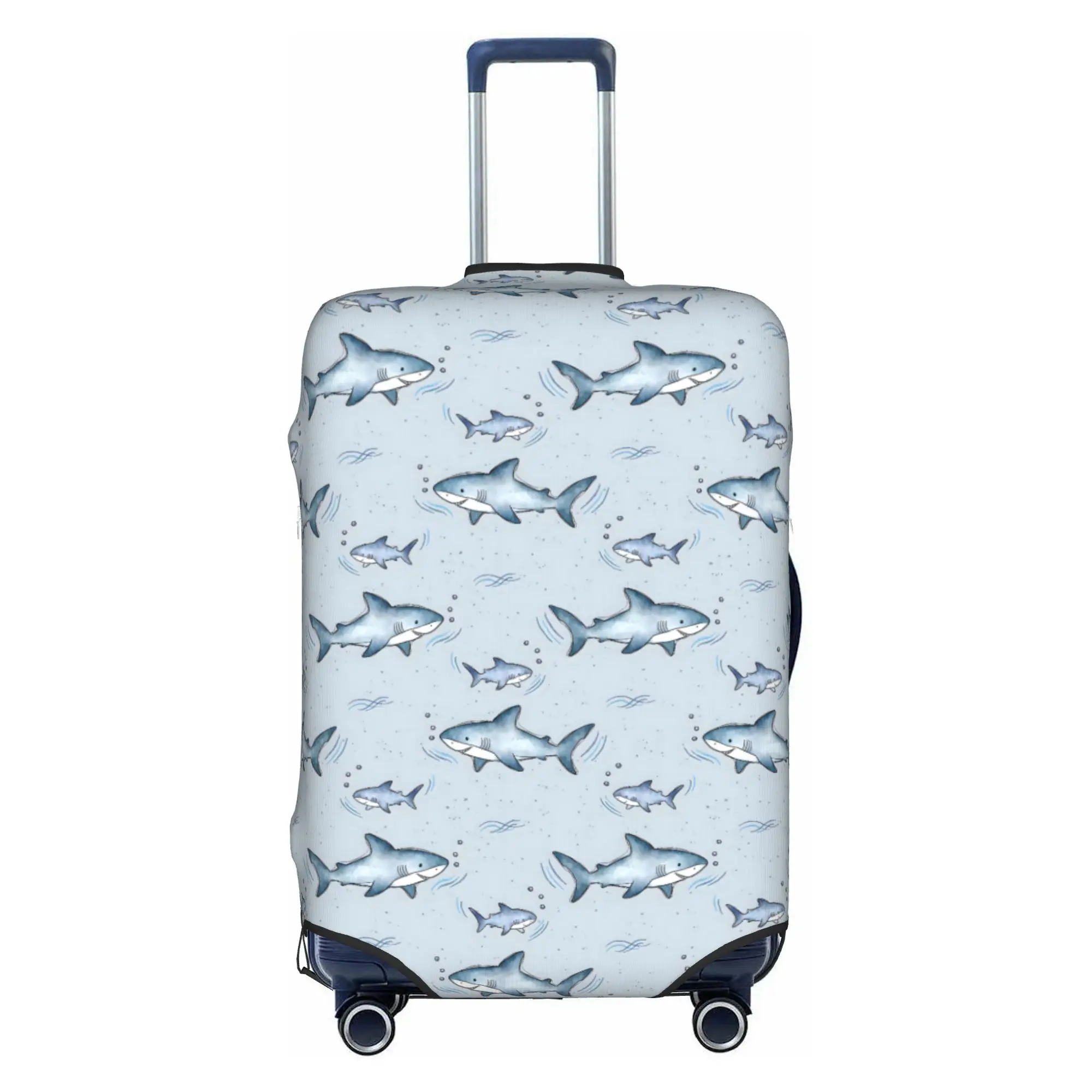 Custom Fashion Blue Watercolour Shark Luggage Cover Protector Elastic Cartoon Fierce Fish Travel Suitcase Covers