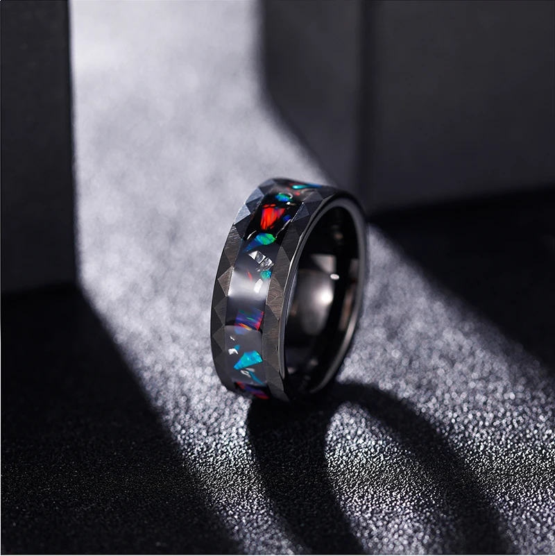 Tigrade 8mm Men's Black Tungsten Wedding Rings For Men Opal and Metal Slag inlay Hammered Edge Engagement Promise Ring Jewelry view 5