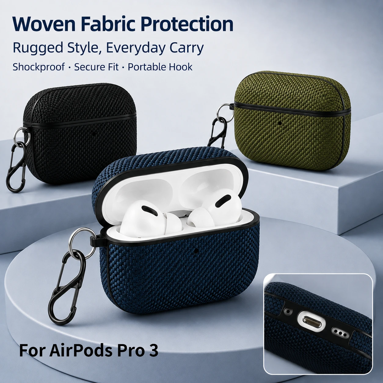 Fabric Cloth Case For AirPods Pro 3 Shockproof Wireless Earbuds Protective Cover Textured Shell With Carabiner Hook Accessories