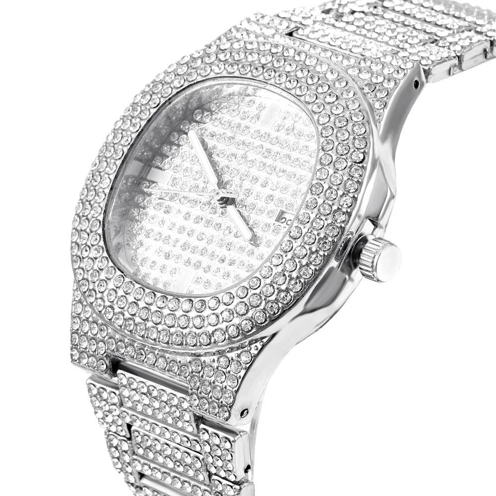 5pcs Classic Stylish Hip-hop Watch Set Men Women Iced Out Watch+Cross Pendant+Cuban Chain&Bracelet Set Trend Party Jewelry Gift