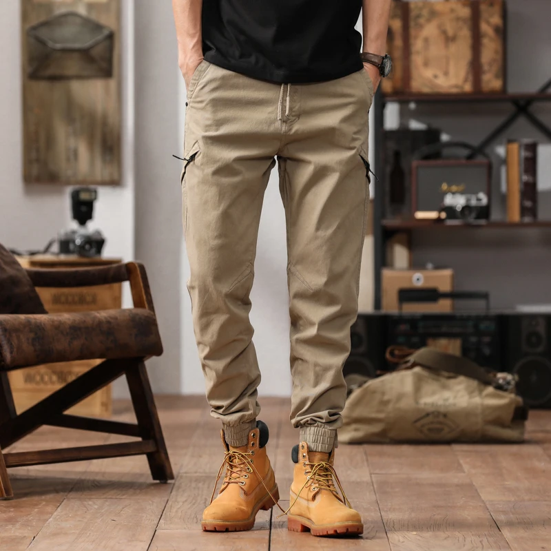 Safari Style Pockets Spliced Trousers Men\'s Clothing Loose Chic Drawstring Elastic Spring Summer Solid Color Casual Cargo Pants