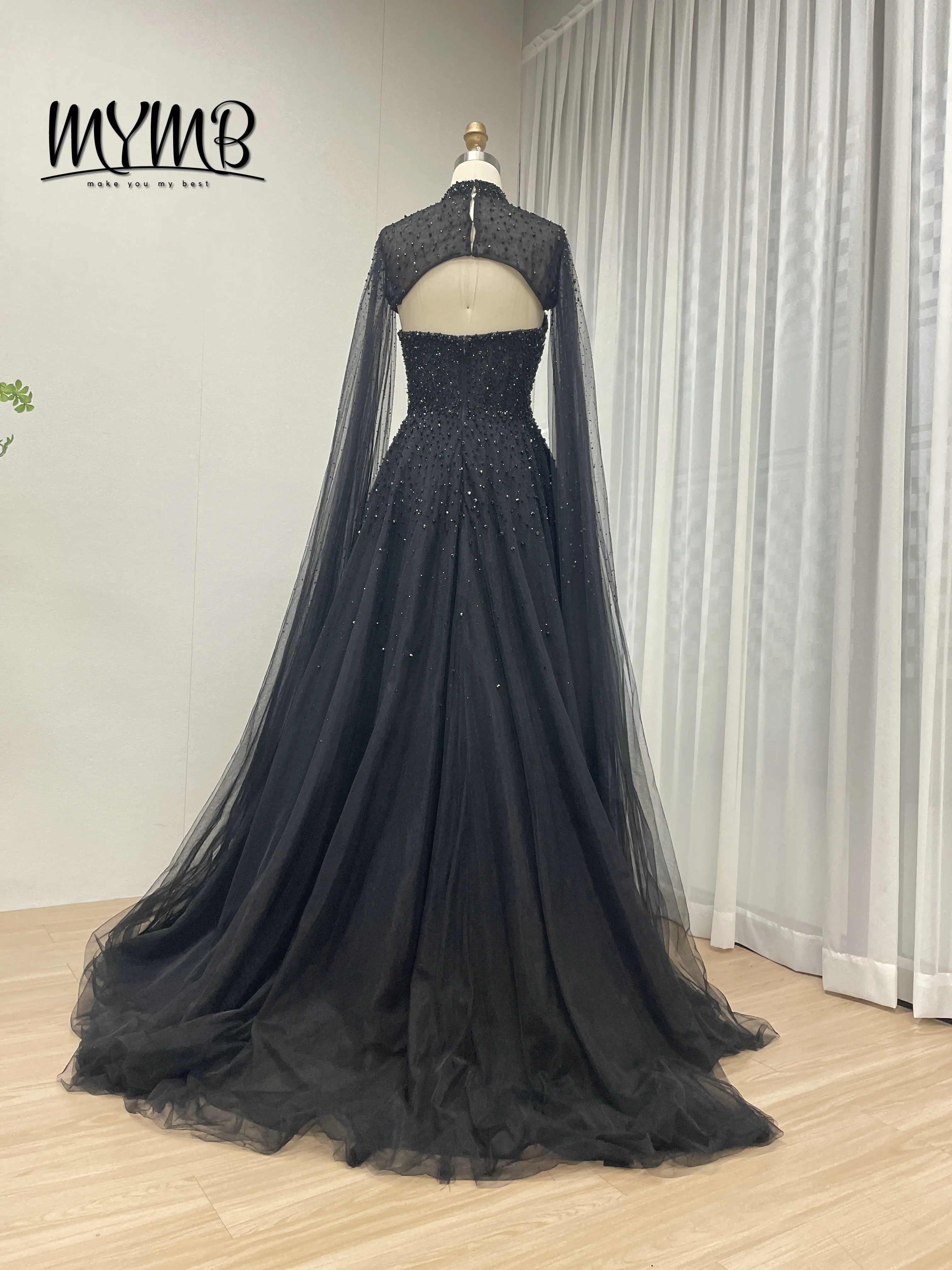 MYMB Luxury Couture Handmade Evening Gown for Women Stylish Diamond Embellished Top With Detachable Cap Formal for Party MB40306