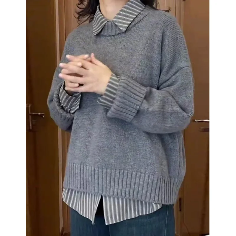 

Женские осенне-зимние рубашки в серу полоску, свитер, комплект из двух предметов, женский повседневный вязаный пуловер с круглым вырезом «Джокер», топы, блузка, новый трикотаж