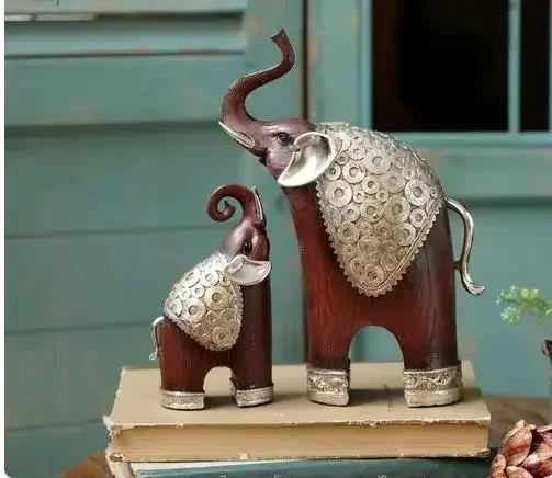 Resin Elephant Ornament 2 Piece Set Statue Knickknacks Home Decor Accessories Crafts Entrance Display Figurines Sculpture