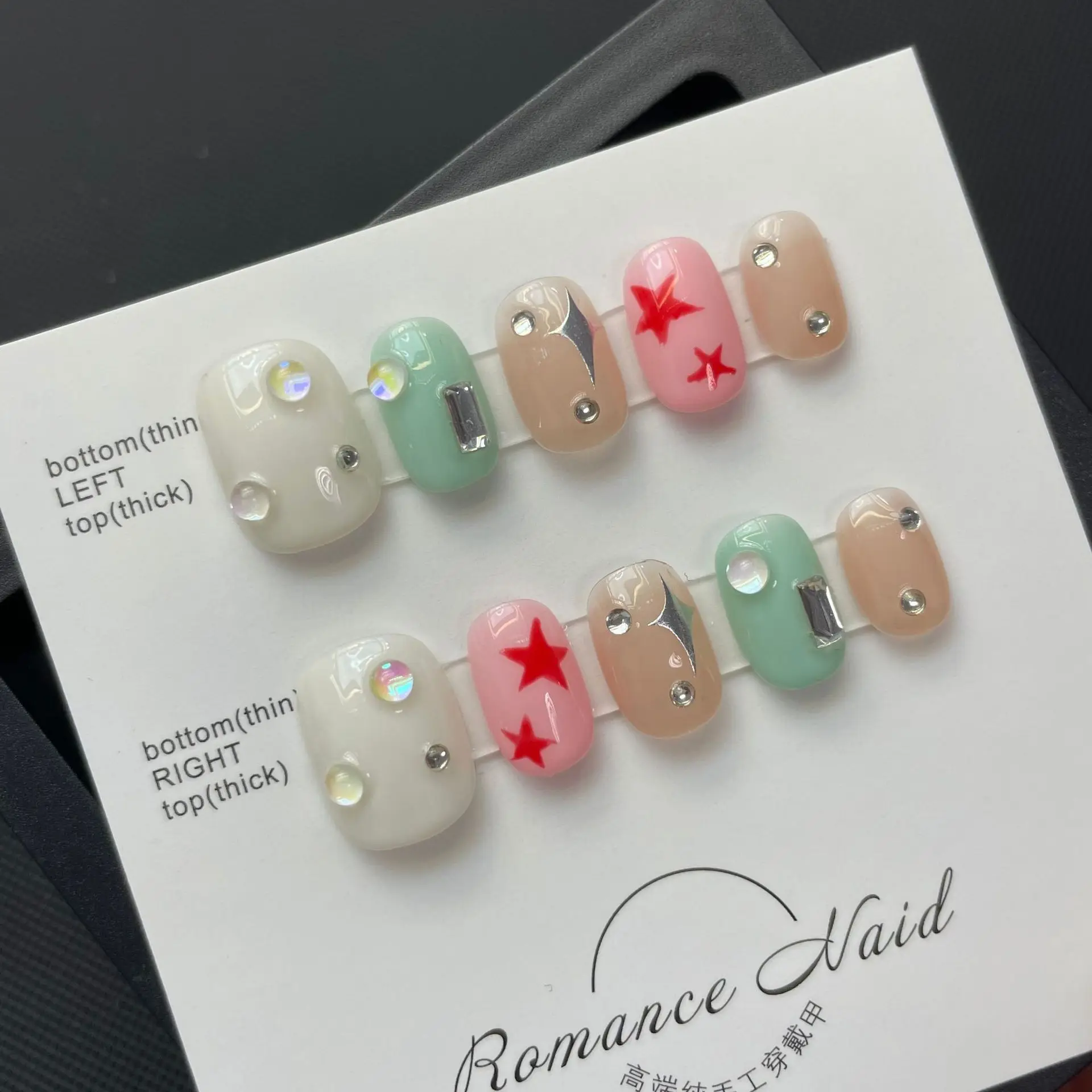 

10 шт., накладные ногти ручной работы Y2k, милые накладные ногти со звездным принтом, многоразовые носимые корейские милые крутые розовые зеленые накладные ногти