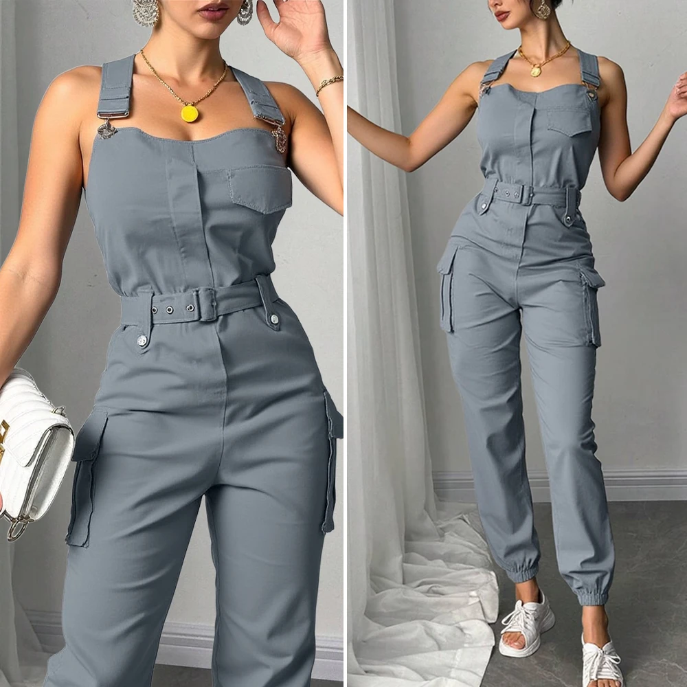 Осень-зима 2022, повседневные комбинезоны, женские шикарные однотонные комбинезоны без рукавов, без бретелек, с высоким воротником, длиной до щиколотки, с боковыми карманами