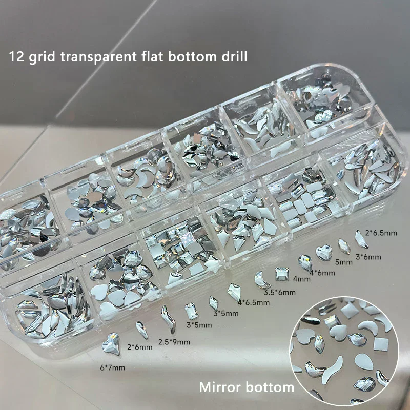 12 Siatek Kryształków Brokatowych z Płaskim Dnem, Geometryczne Nieregularne Ozdoby do Paznokci, Akcesoria do Manicure DIY
