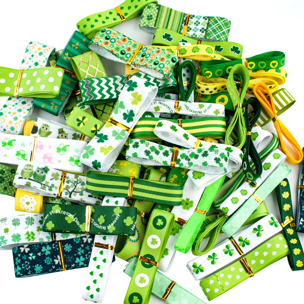 Promotional Spring Green Series 12yards Random Set Different Size Mixed Same Color Printed Grosgrain/Satin Ribbon,each Is 1 Yard