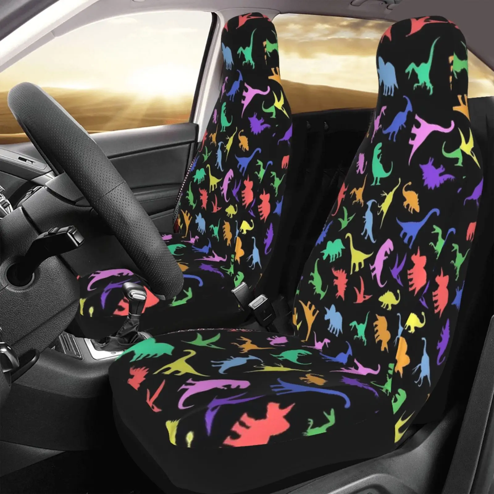 

1pc/2pcs - Cartoon Dinosaur Style Pattern Print Luxury Car Front Seat Covers - High-End Comfort, Universal Fit, Durable And Easy