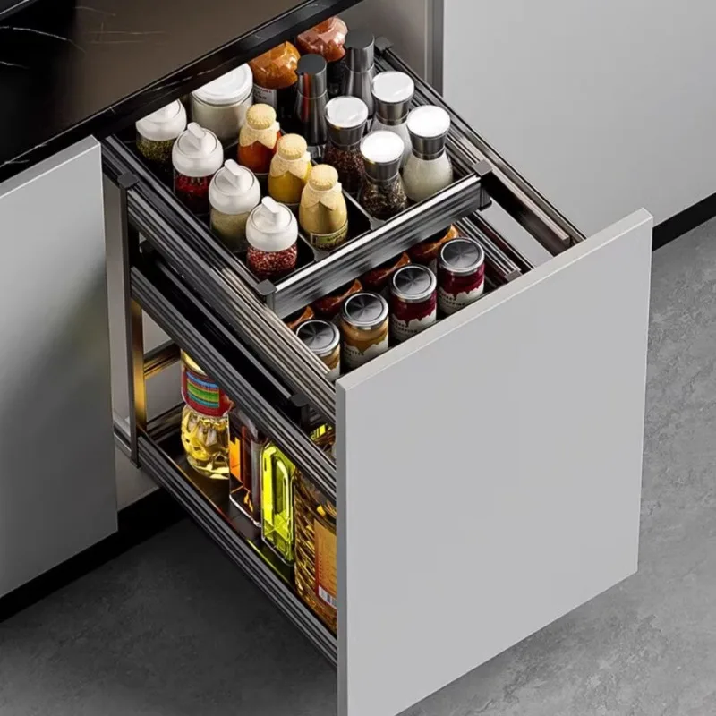 Cabinet seasoning pull-out basket extremely narrow drawer type all-aluminum double-layer storage dish basket oil drum storage