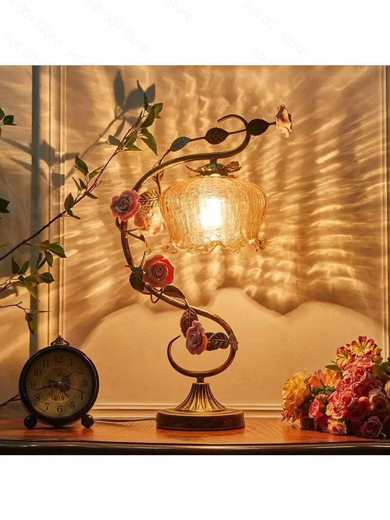 French vintage art table lamp vintage pastoral rose ambiance lamp bedroom living room nightstand lamp