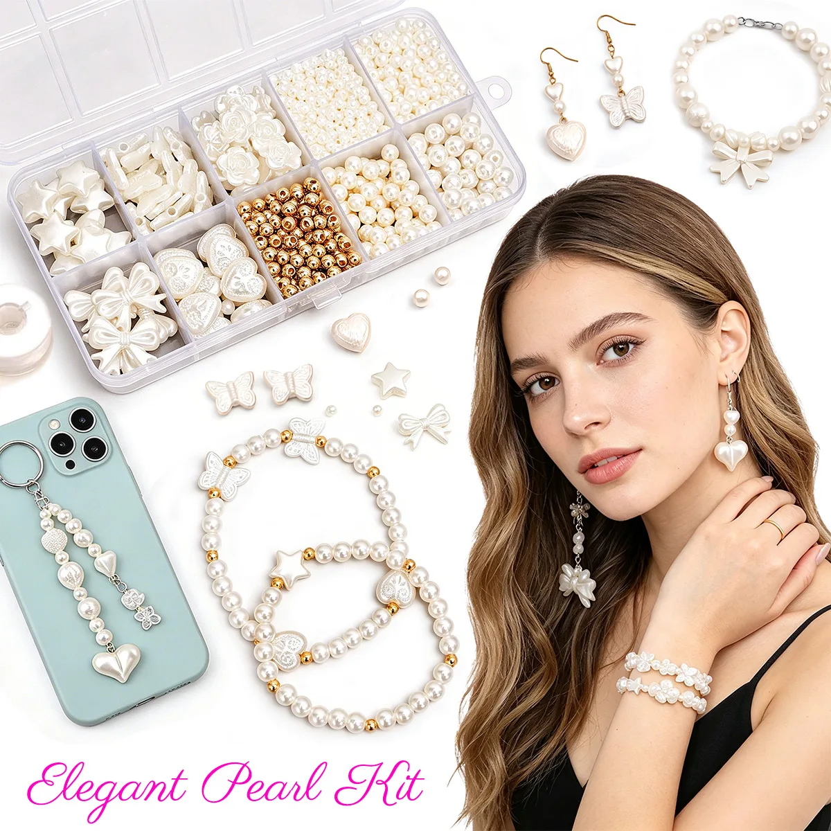 

Набор из 800 ABS имитационных жемчужных бусин в 10 ячейках с формами звезд, сердец и бабочек для создания браслетов, ожерелий и украшений своими руками, комплект для рукоделия