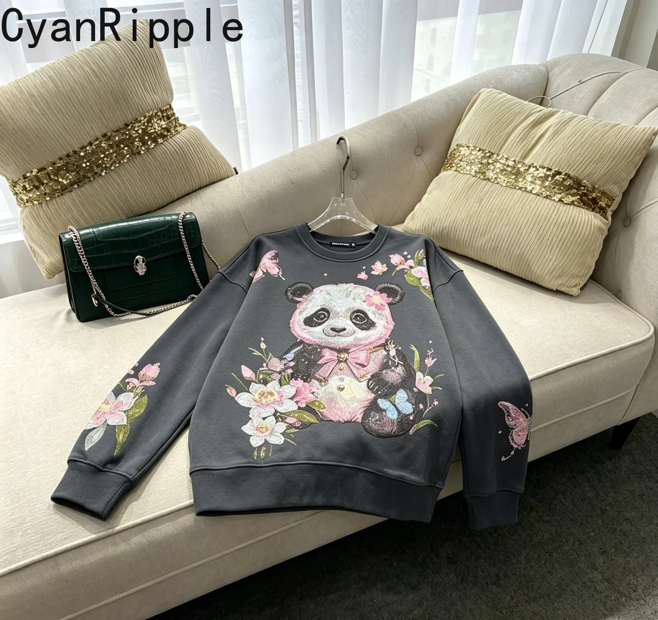 

Luxury New Spring Autumn Long Sleeve Gray Hoodie Top Cute Panda Hot Diamonds Round Neck Pullover Top Women Cotton Sweatshirts