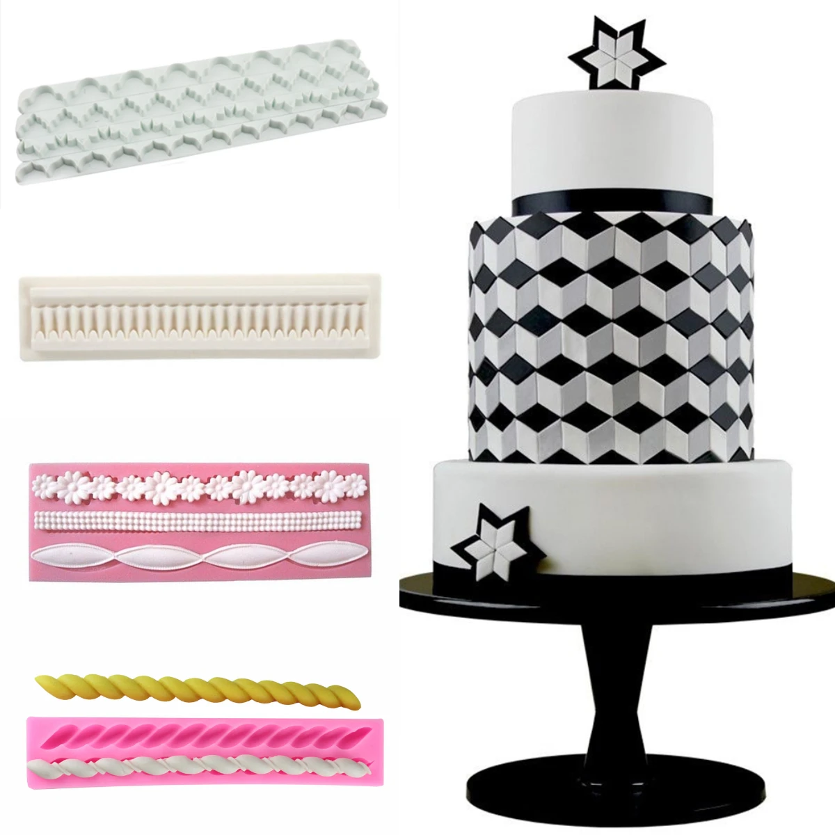 4Pcs Different Wave Shape Of Ribbon Fondant Lace Ribbon Die Fondant Cake Cut Decoration Molds Soap DIY Baking Tools