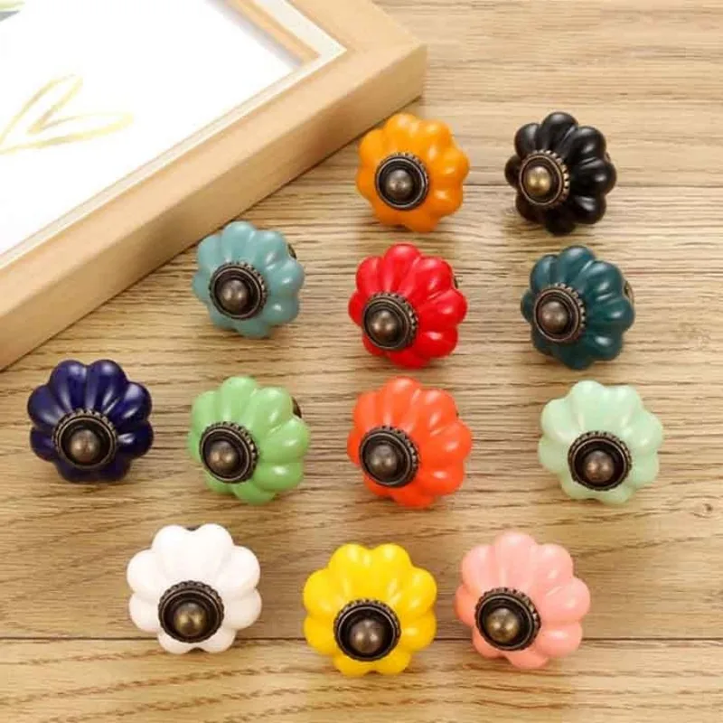 1PC Vintage Pastoral Ceramic Pumpkin Handle Pure Salad Knob Drawer Cabinet Door American Furniture Single Hole Pull 33*38mm