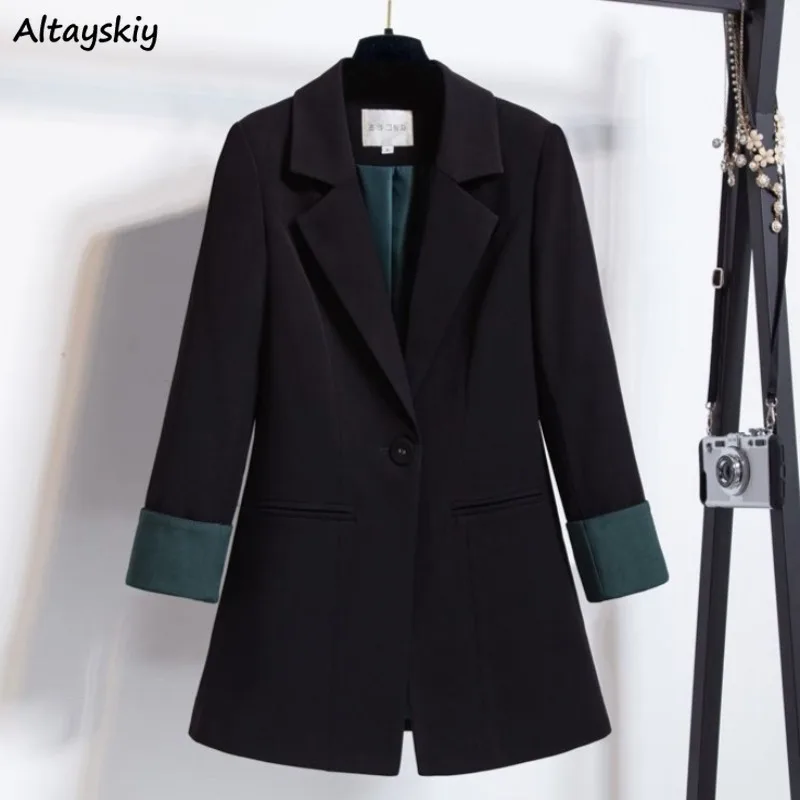 Korean Style Blazers for Women Long Sleeve All-match Black Spring Autumn Chic Ins Fashion College Girls Soft Notched Design New