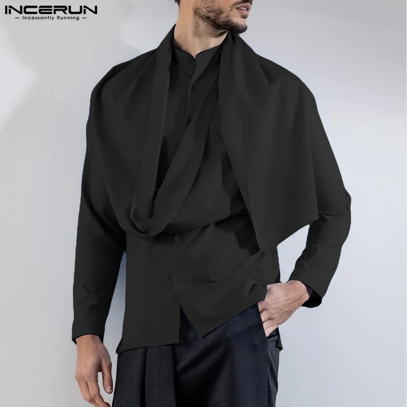 

INCERUN Men Irregular Shirt Solid Color Lapel Long Sleeve Button Fashion Camisas Streetwear 2024 Personality Casual Men Clothing