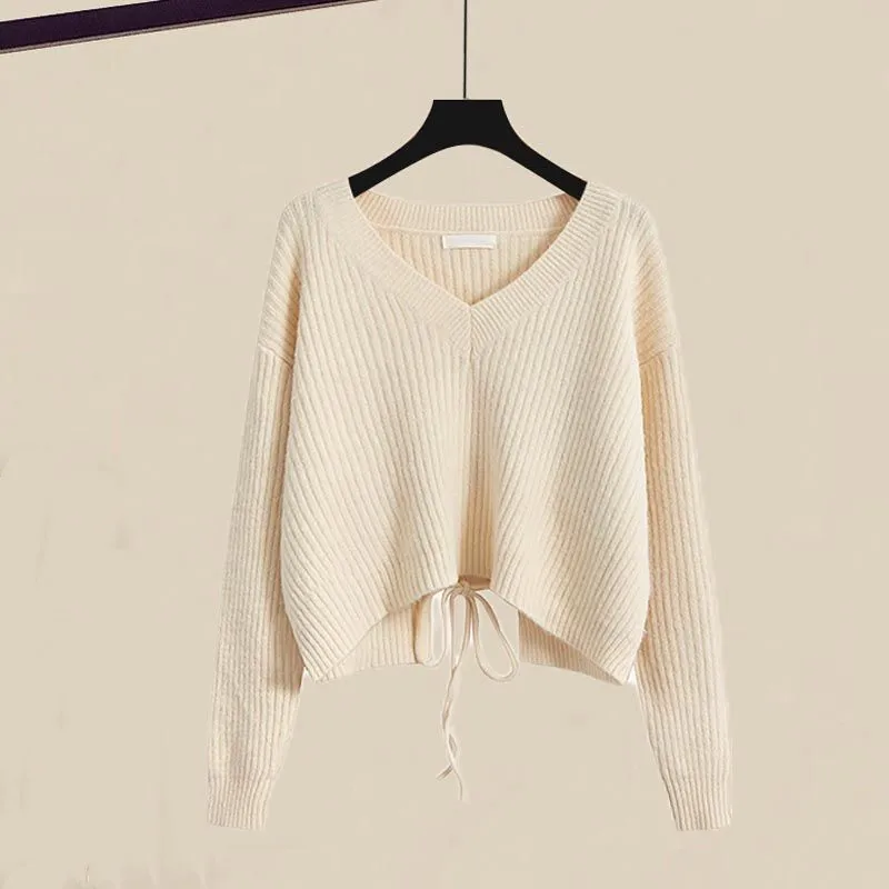 2024 Autumn/Winter Korean Edition New Fashionable High Waist Hollow Bow Tie Knitted Sweater Trendy