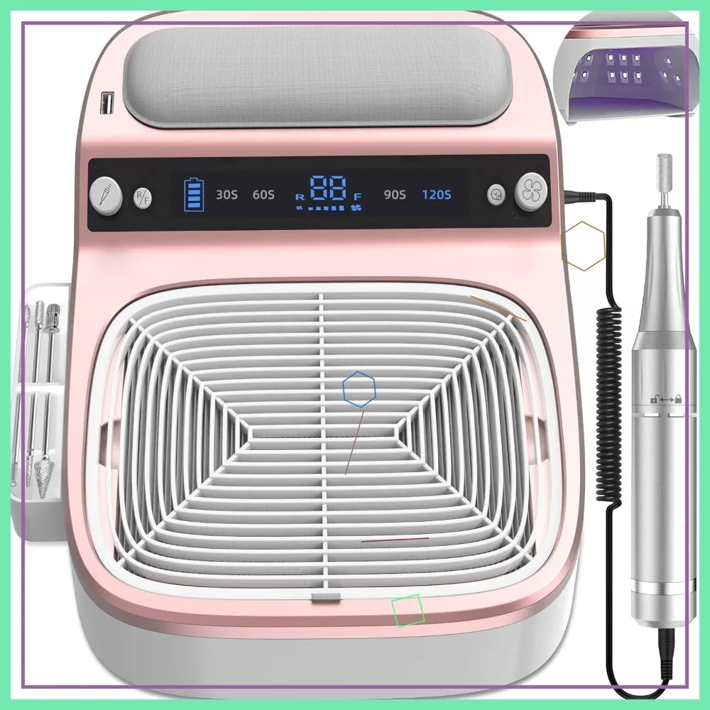 

3-in-1 Nail Dust Collector, Electric Drill File & UV LED Lamp, 5 Suction Modes, Cordless 8000mAh Kit with Timer for Home Salon