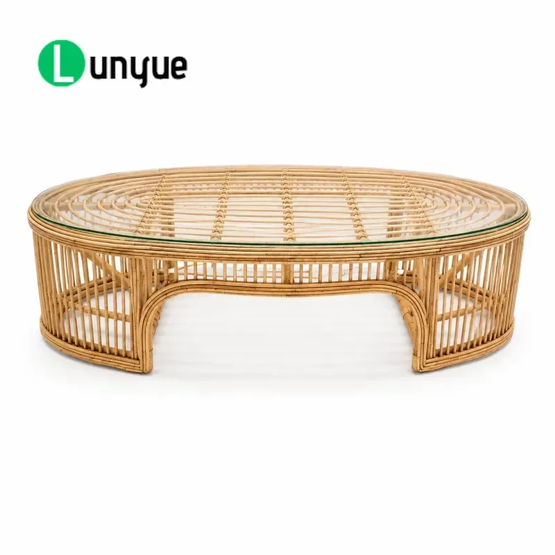 Modern Oval Rattan Coffee Table Durable Glass Top Handmade Living Room Furniture Stylish Centerpiece for Home Decor