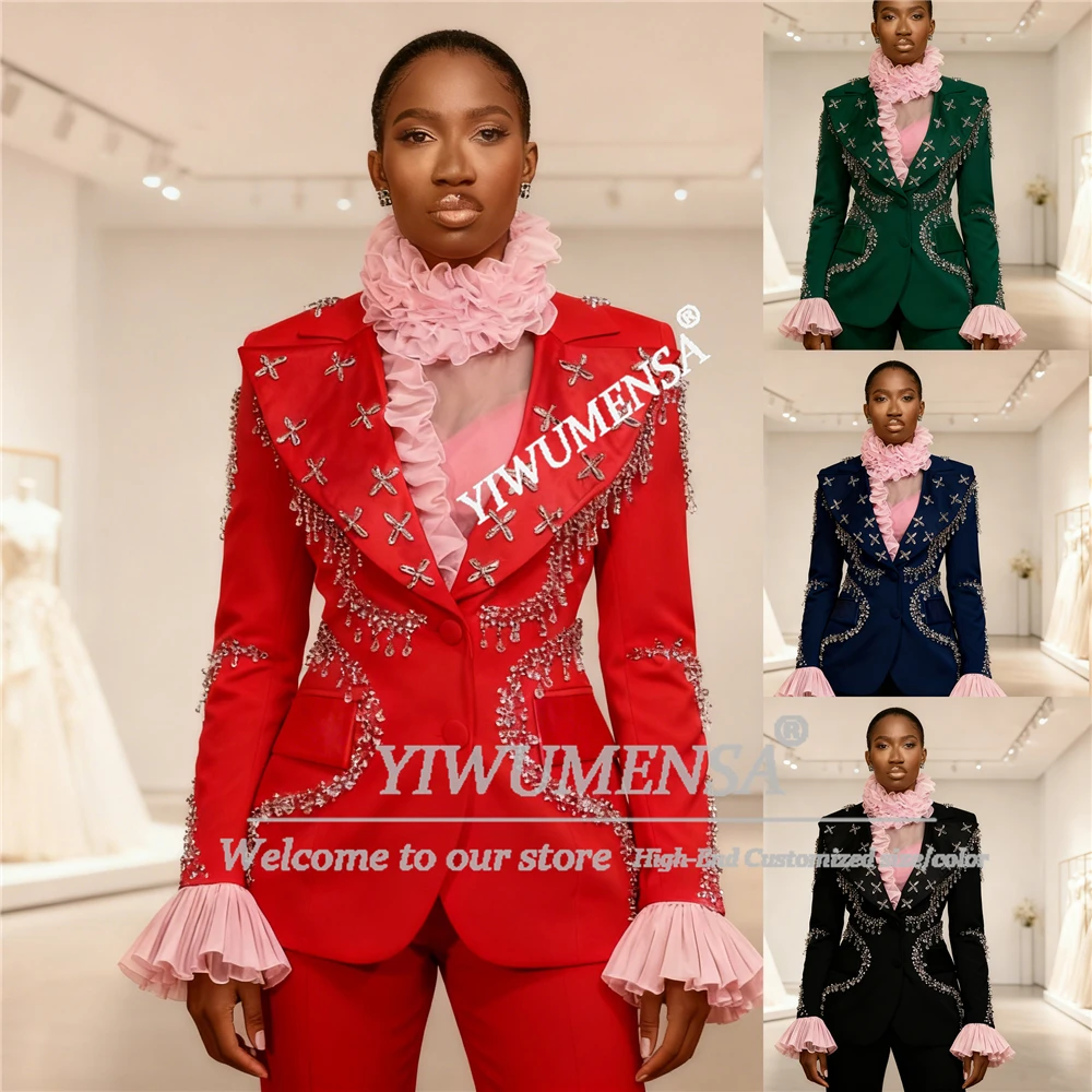 Perline di strass di lusso Abiti da donna 2 pezzi Blazer monopetto da ballo Pantaloni Abiti personalizzati per smoking per la madre della sposa