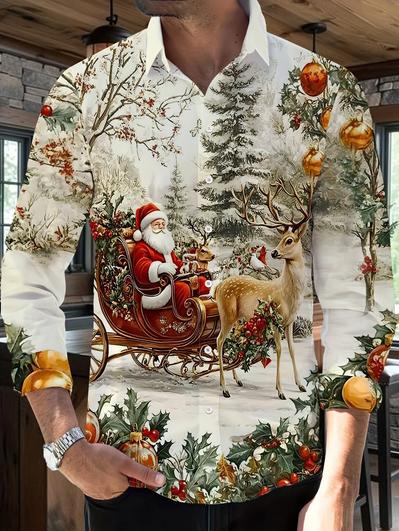 Christmas Style Long Sleeve Shirt, Santa Claus Animal Pattern, Casual Festive Shirt for Spring Summer Autumn