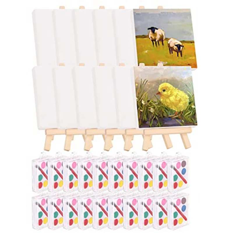 28 Pack Mini Canvas And Easel Set With Mini Watercolor Paint For Painting, 4X4 Inch Small Canvases For Painting