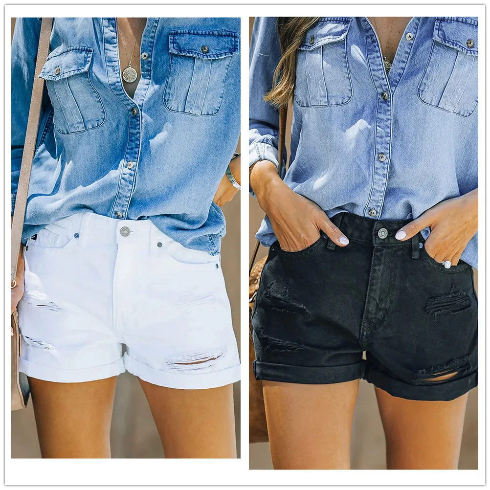 

2022 Summer Hot Sale Black and White Ripped Denim Shorts For Women Fashion High Stretch Rolled Hem Jeans Shorts S-2XL Drop Ship