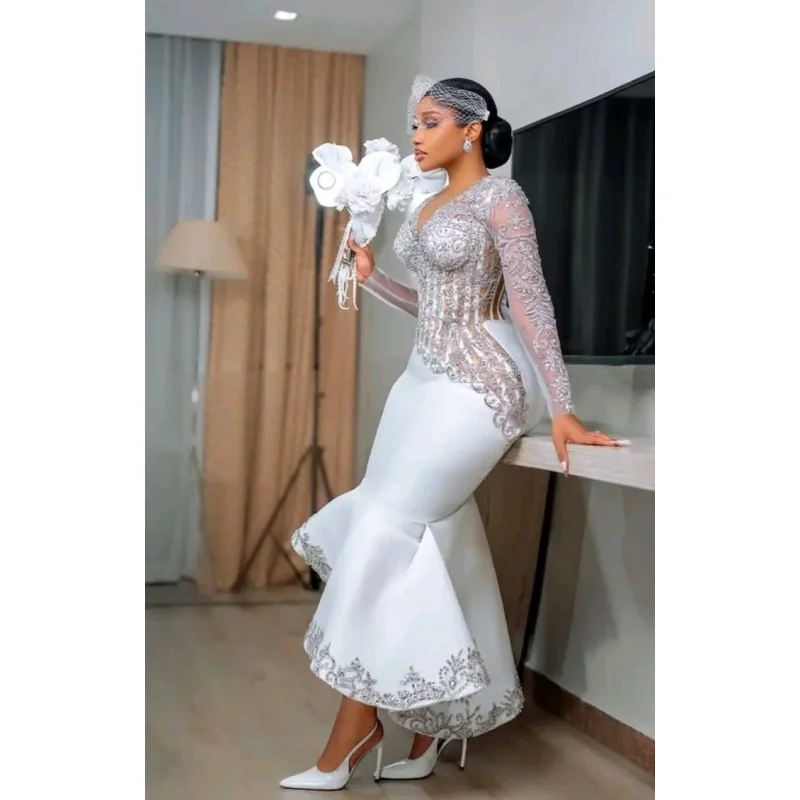Customized White Fishtail Wedding Dress Deep V-Neck Design With Shiny Embroidery Bead Embroidery Long Sleeves Vestido De Novia