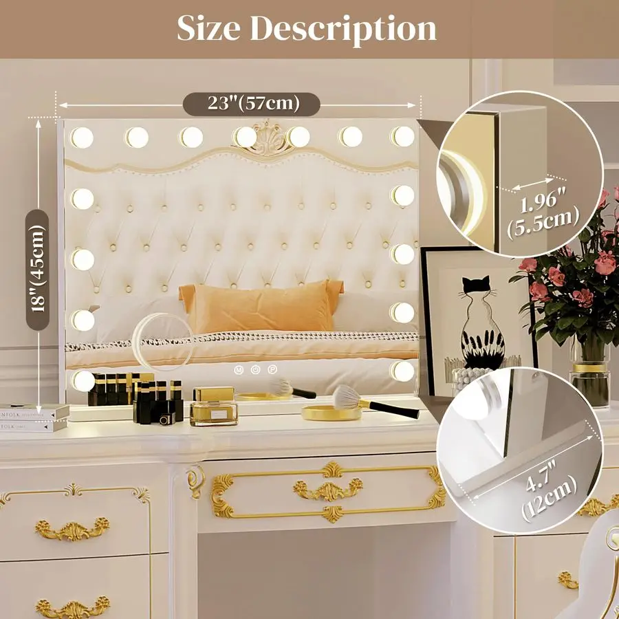 Make-upspiegel, 15 led-lampen, 3 kleurenverlichting, mooie make-up verlichte spiegel, aluminium metalen frame 23 x 18