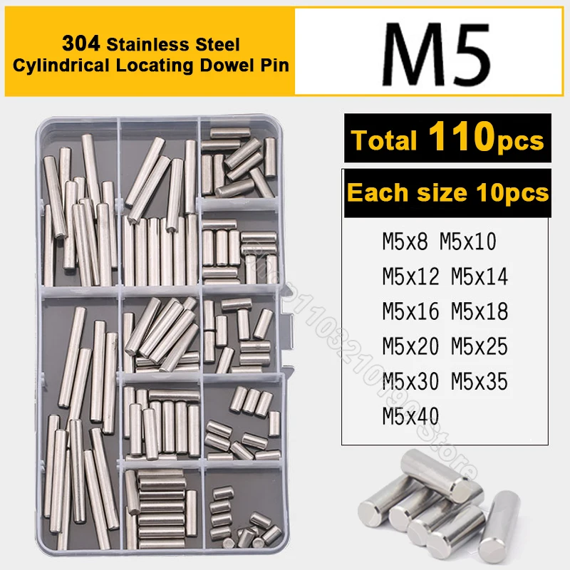 110Pc M5 GB119 Cylindrical Locating Dowel Pin Set Stainless Steel Metal Fixing Shaft Lock Pin Round Bar Solid Rod Assortment Kit