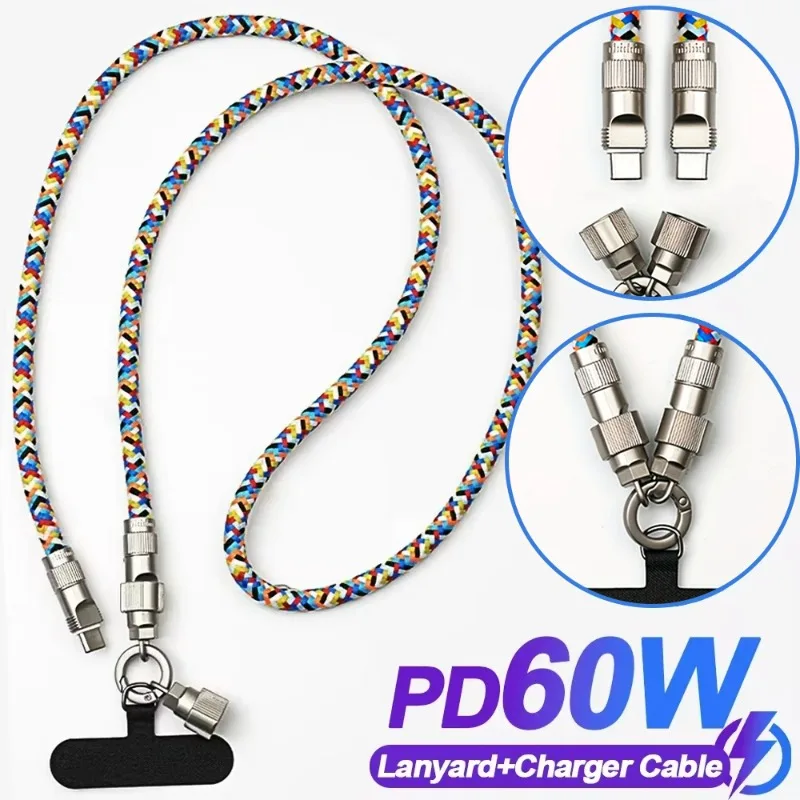 2 in 1 Multifunctional Cell Phone Charger Cable PD 60W Quick Charging Data Line Portable Phone Lanyard Straps with Tether Tabs