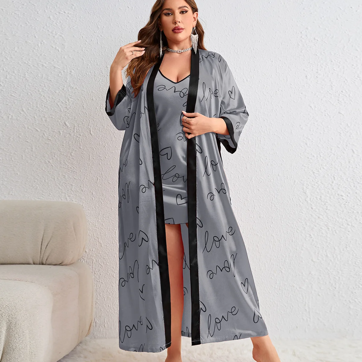 Big Size 3Xl 4Xl 5Xl Robe Set Women\'s Nightwear Sexy Print Love Nightgown Loose Spaghetti Strap Lingerie Femme Ropa De Mujer