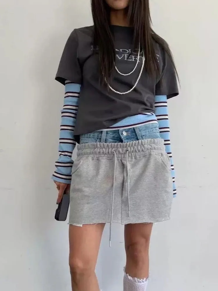 

High Waist Sporty Skirt Women's Summer New A-Line Denim Patchwork Skirt Half Body Skirt Versatile Personalized