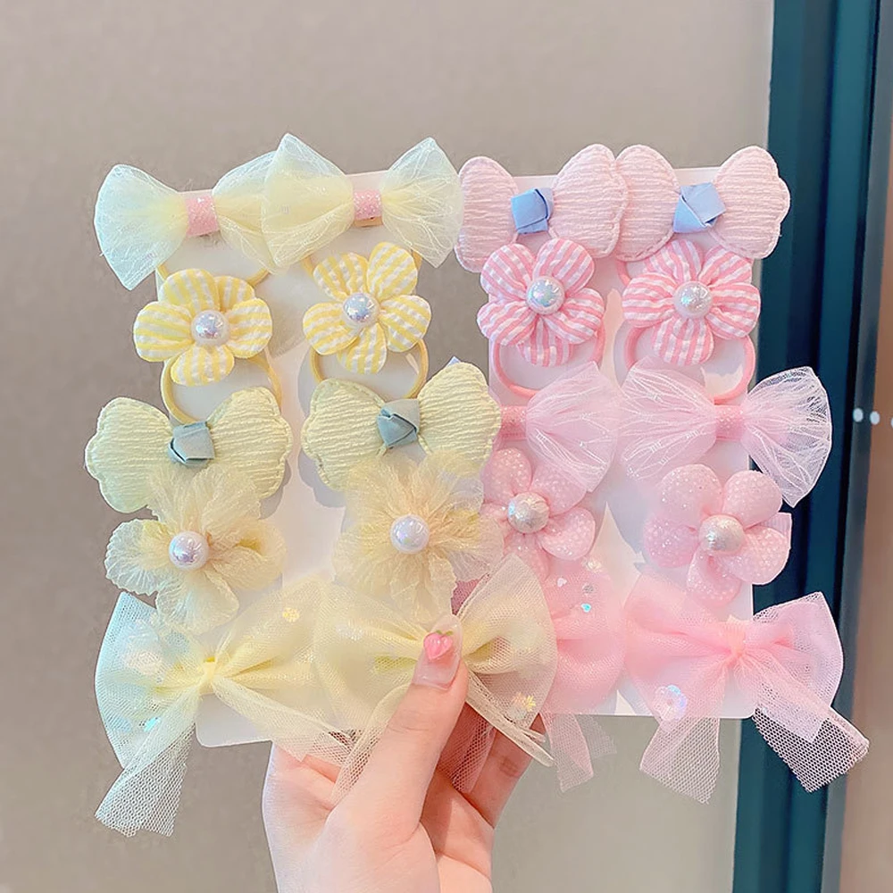 10pcs Children Bowknot Hair Clips Flower Hair Rope Set Elastic Ponytail Holder Rubber Band Toddle Girl Cute Side Bangs Barrettes