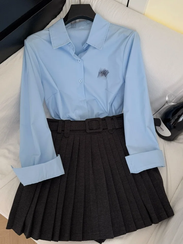 

Blue Long Sve irt Women's Faion Set Celebri Zhao Lusi Early Autumn New Sle Button up Casual Wear Comfortable Fit