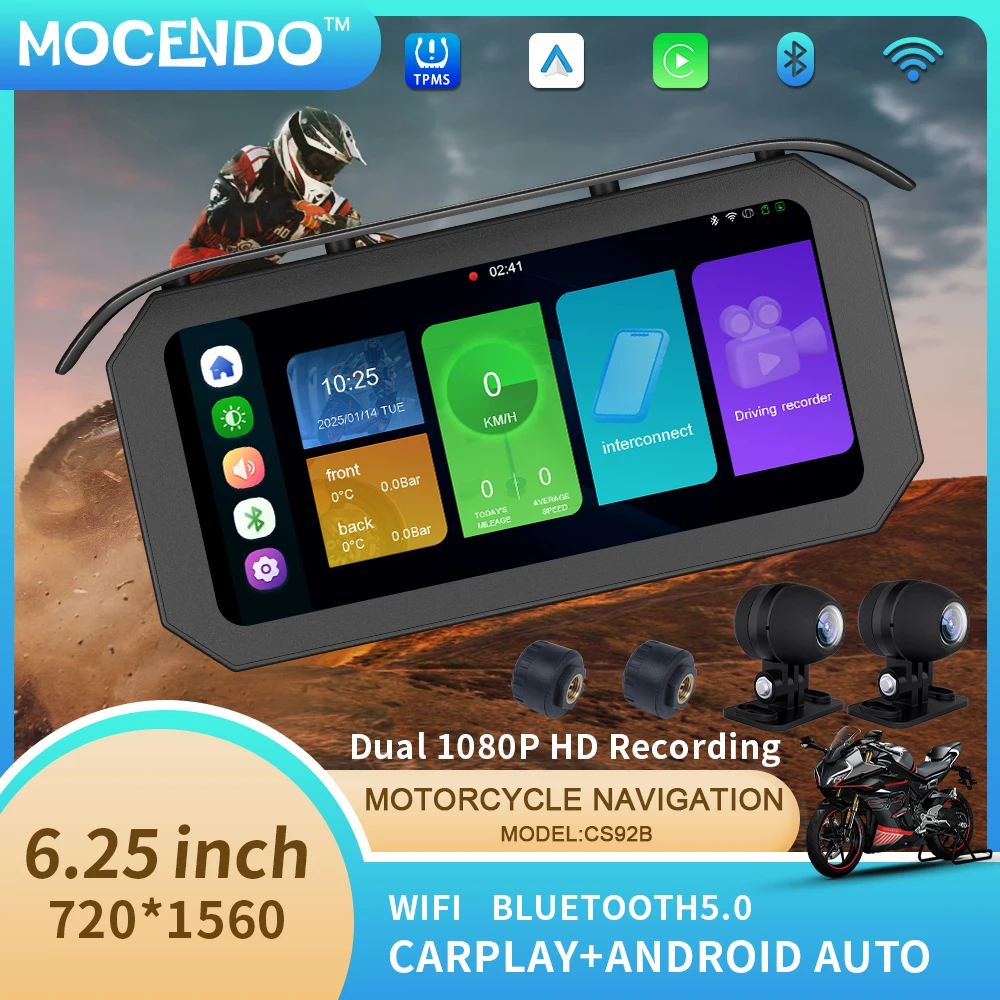 

6,25-дюймовый мотоциклетный GPS-навигатор CarPlay с сенсорным монитором и TPMS DVR Водонепроницаемый беспроводной CarPlay Android Auto CS92B