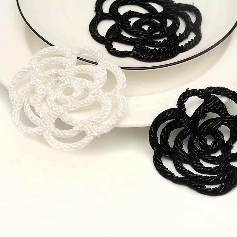 Large 9CM Handmade Beaded Black White Rose Flower Shaped Cloth Paste Clothing Bag Accessories Patch Hand Sewing Applique