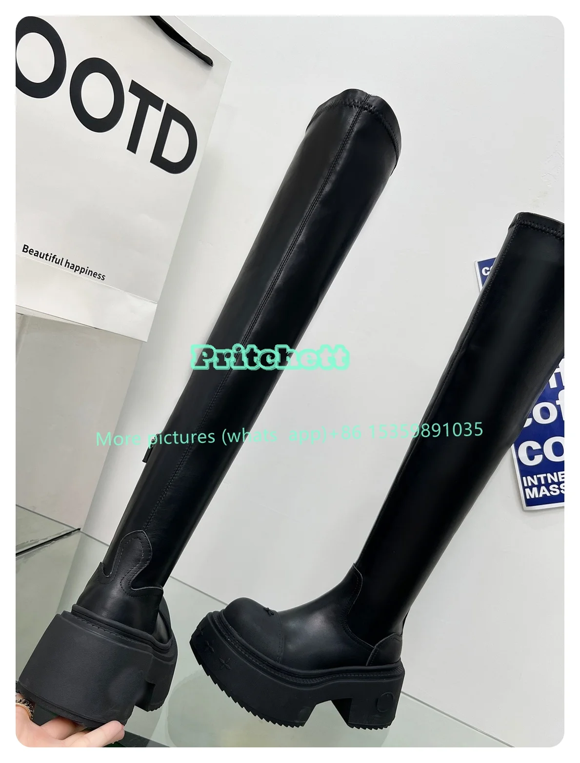 Black Platform Chunky Heels Round Toe Over-knee Boots Women Height Increasing Fashion Boots Side Zipper 2024 New Arrivals Solid