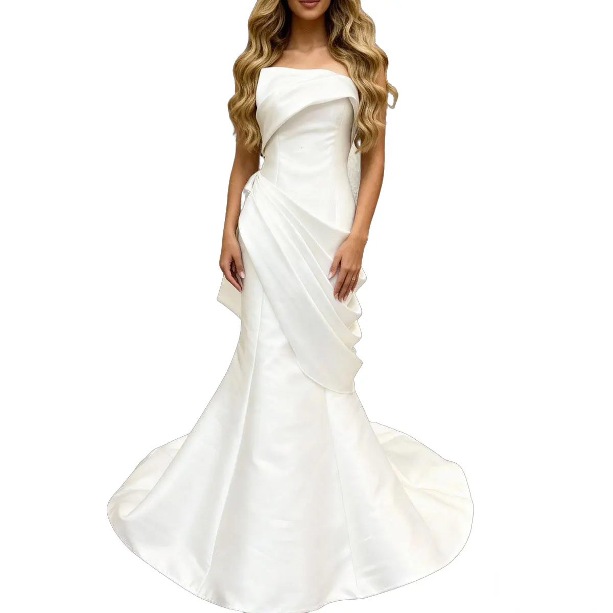 Eleagnt Sheath Satin Pleated Wedding Dresses For Women Vestidos Novia V Neck Mermaid Long Strapless Bridal Party Gown For Bride