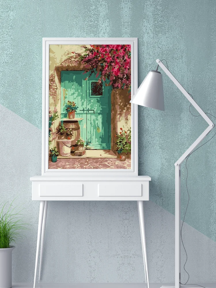 CHENISTORY Flower Door Oil Painting By Numbers Kits For Adults 60x75cm Home Decor Hand Paint Acrylic Oil Drawing Wall Art