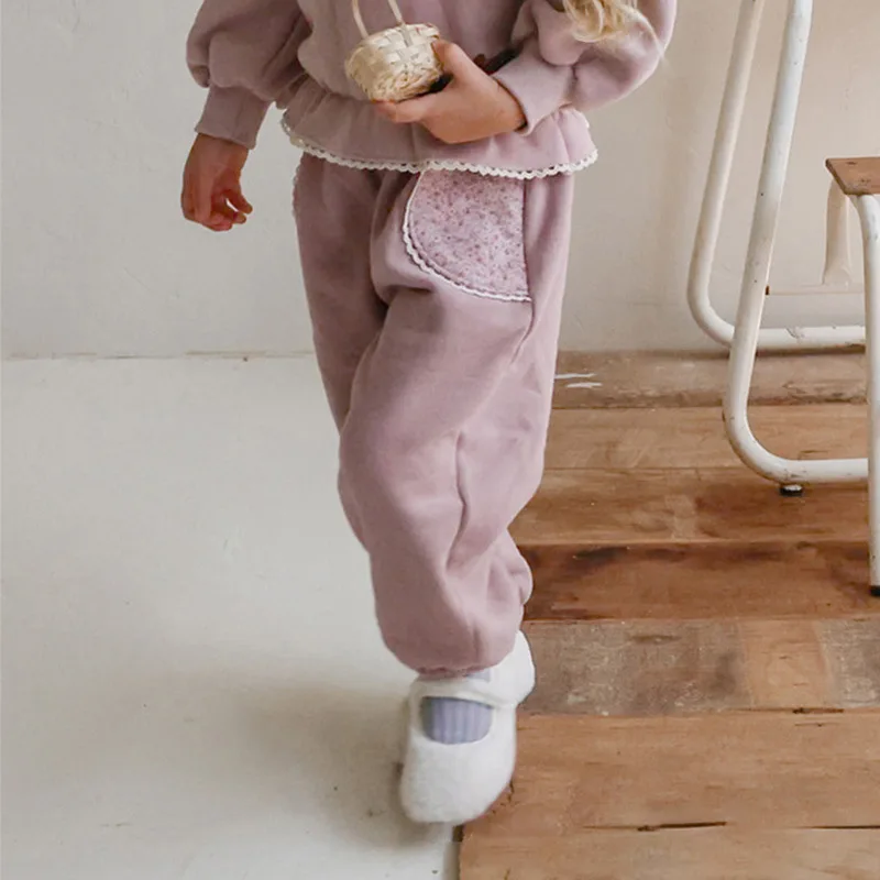 2025 Winter New Style and Casual Korean Children and Girls Fashionable Floral Lace Plus Velvet Sweatpants Casual Pants