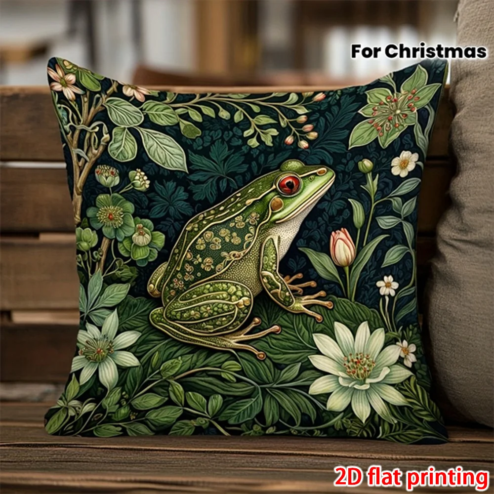 [Perfect Gift] 2D Flat-1pc Vintage Forest Frog Floral Throw Pillow Cover, Botanical Green Frog Cushion Case For Home Decor For H