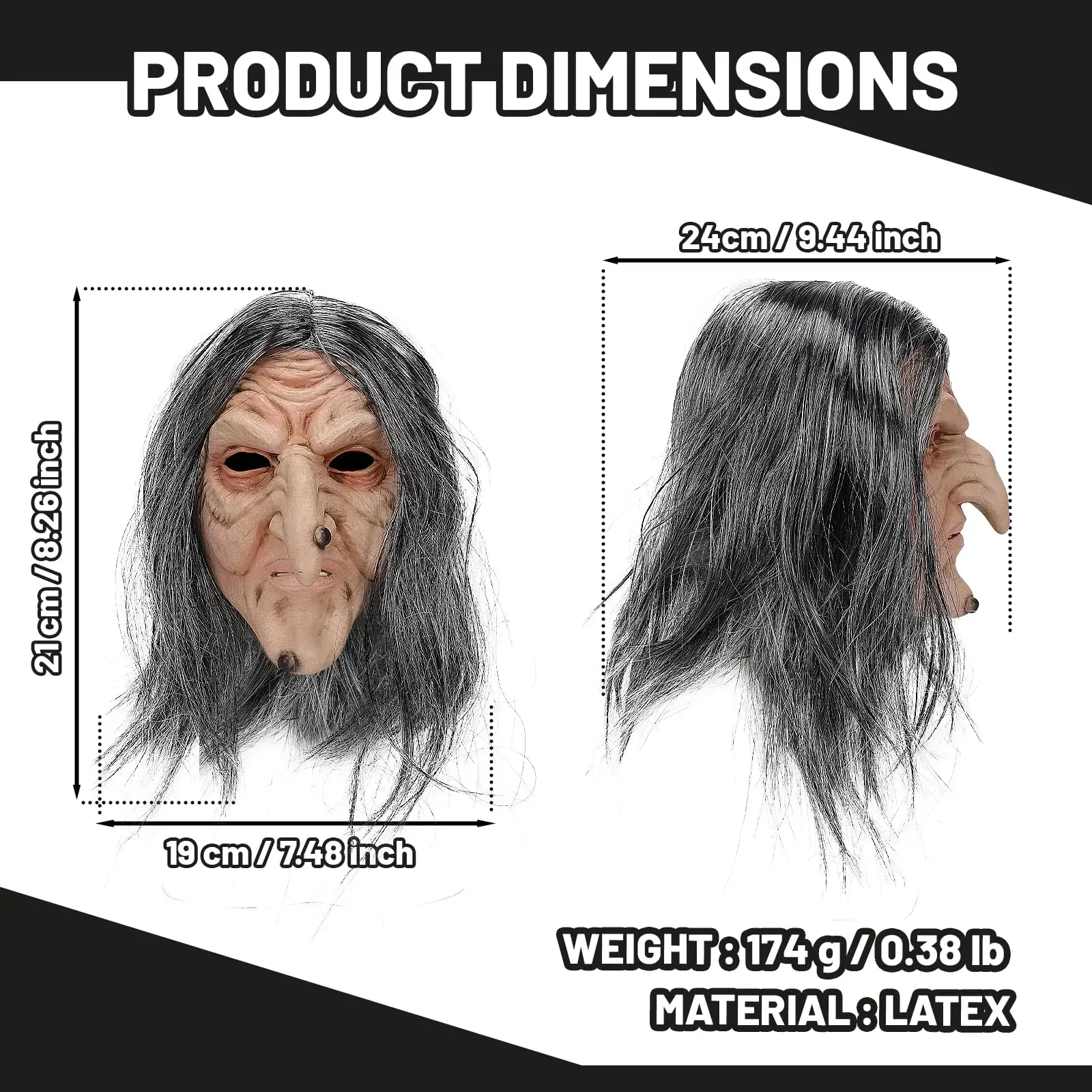 Witch Mask with Long Hair Scary Old Women Mask Latex Halloween Cosplay Masquerade Costume Accessory for Adults